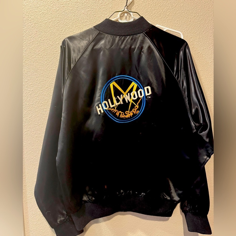 HOLLYWOOD Black Satin Embroidered Vintage Jacket - Unisex Medium